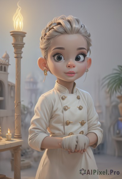 1girl,solo,looking at viewer,smile,short hair,blonde hair,gloves,dress,jewelry,earrings,outdoors,parted lips,white gloves,fingerless gloves,white dress,blurry,black eyes,lips,grey eyes,buttons,blurry background,own hands together,building,child,forehead,freckles,female child,candle,lamppost,brown eyes,braid,artist name,indoors,eyelashes,makeup,table,lipstick,web address,nose,red lips,double-breasted,castle,chef