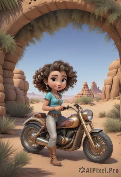 1girl,solo,breasts,looking at viewer,smile,short hair,brown hair,shirt,brown eyes,jewelry,standing,full body,short sleeves,earrings,small breasts,boots,outdoors,sky,day,belt,pants,artist name,signature,dark skin,medium hair,necklace,chibi,bracelet,dark-skinned female,tree,blue sky,lips,shadow,brown footwear,grass,blue shirt,denim,ground vehicle,wristband,child,motor vehicle,curly hair,jeans,hoop earrings,belt buckle,female child,brown belt,riding,motorcycle,very dark skin,makeup,watermark,wavy hair,t-shirt,web address,white pants,green shirt,tight,grey pants,tight pants,scooter