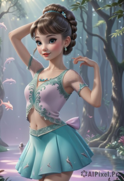 1girl,solo,breasts,looking at viewer,blush,smile,short hair,bangs,blue eyes,skirt,brown hair,shirt,hair ornament,navel,cleavage,jewelry,standing,collarbone,braid,short sleeves,cowboy shot,pleated skirt,earrings,small breasts,outdoors,parted lips,teeth,day,midriff,artist name,water,necklace,hair bun,nail polish,arm up,tree,lips,blue skirt,see-through,makeup,sunlight,single hair bun,lipstick,green skirt,nature,forest,fish,arm behind head,pink shirt,light rays,red lips,sunbeam,dappled sunlight,see-through sleeves,aqua skirt,pond,solo focus,watermark,web address,freckles