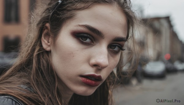 1girl,solo,long hair,looking at viewer,blonde hair,brown hair,hair ornament,brown eyes,outdoors,parted lips,teeth,blurry,lips,makeup,depth of field,blurry background,lipstick,ground vehicle,portrait,motor vehicle,freckles,realistic,red lips,car,artist name,mole,eyelashes,close-up