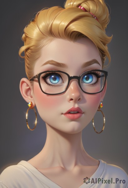 1girl,solo,looking at viewer,blush,short hair,blue eyes,blonde hair,simple background,shirt,hair ornament,jewelry,collarbone,white shirt,earrings,parted lips,glasses,teeth,hair bun,lips,eyelashes,makeup,single hair bun,portrait,freckles,black-framed eyewear,hoop earrings,realistic,nose,mascara,bangs,upper body,artist name,signature,gradient,gradient background,thick eyebrows,lipstick,bespectacled,pink lips,red lips