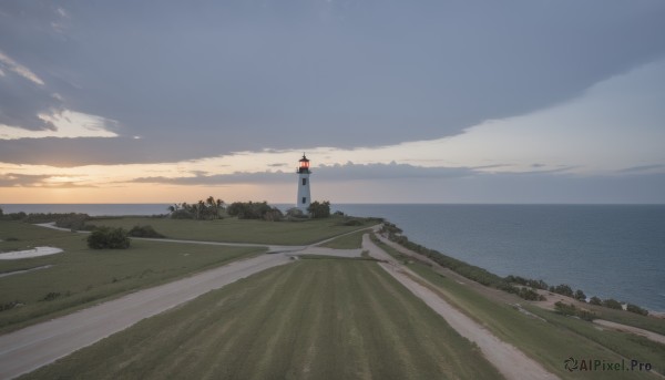 solo,outdoors,sky,day,cloud,water,tree,blue sky,no humans,ocean,cloudy sky,grass,building,scenery,sunset,horizon,road,landscape,beach,nature,forest,sand,bush,path,lighthouse