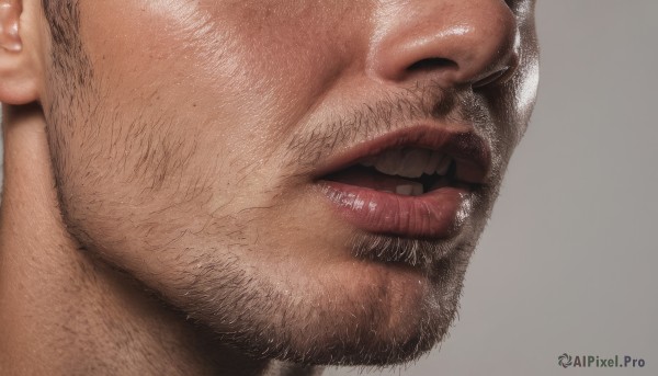 solo,open mouth,simple background,1boy,male focus,teeth,tongue,shiny,tongue out,grey background,lips,shiny skin,facial hair,portrait,beard,close-up,realistic,mustache,chest hair,leg hair,arm hair,hairy,wrinkled skin,ugly man,short hair,bara,mature male