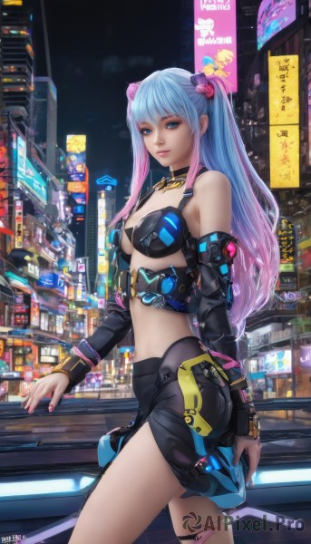 1girl,solo,long hair,breasts,looking at viewer,bangs,blue eyes,skirt,hair ornament,bare shoulders,twintails,medium breasts,blue hair,standing,pink hair,multicolored hair,cowboy shot,outdoors,detached sleeves,midriff,nail polish,two-tone hair,lips,gradient hair,thigh strap,night,building,science fiction,city,cyberpunk,purple hair,ass,small breasts,shorts,choker,artist name,from side,revealing clothes,pink nails,realistic,cityscape,skyscraper,neon lights