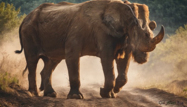 solo,standing,outdoors,horns,day,blurry,tree,no humans,animal,grass,nature,forest,realistic,animal focus,tusks,boar,signature