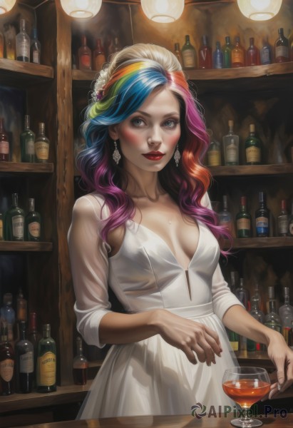 1girl,solo,long hair,breasts,looking at viewer,blush,smile,blue eyes,hair ornament,dress,cleavage,jewelry,medium breasts,blue hair,pink hair,purple hair,white hair,red hair,multicolored hair,sweat,earrings,parted lips,indoors,necklace,white dress,two-tone hair,cup,lips,streaked hair,fingernails,see-through,grey eyes,eyelashes,no bra,makeup,bottle,lipstick,breasts apart,alcohol,drinking glass,realistic,nose,drink,red lips,glass,wine glass,wine,wine bottle,bar (place),counter,rainbow hair,blonde hair,collarbone,nail polish,wavy hair,red nails,eyeshadow,personification,cocktail glass