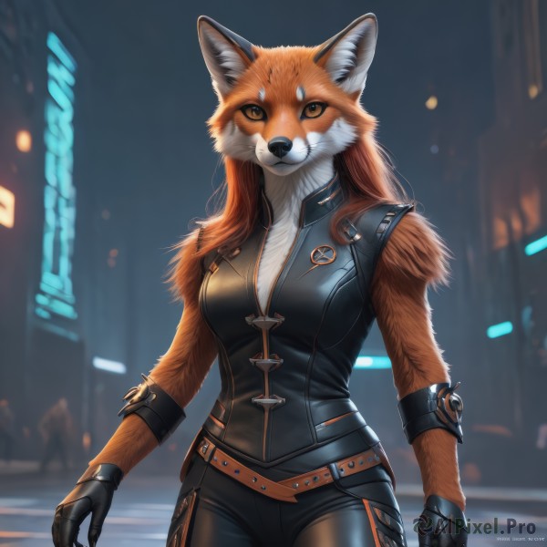 1girl,solo,long hair,breasts,looking at viewer,smile,gloves,animal ears,cleavage,brown eyes,medium breasts,closed mouth,standing,tail,cowboy shot,outdoors,sleeveless,black gloves,belt,pants,artist name,signature,orange hair,blurry,orange eyes,fox ears,bodysuit,night,blurry background,watermark,black pants,claws,furry,zipper,colored sclera,furry female,fox,orange fur,orange skin,jacket,fox girl,realistic,leather,brown fur