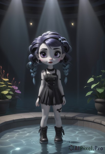 1girl,solo,long hair,looking at viewer,smile,black hair,hair ornament,dress,bow,bare shoulders,jewelry,closed mouth,blue hair,standing,purple eyes,full body,purple hair,braid,flower,hair bow,multicolored hair,hairband,earrings,boots,sleeveless,choker,pointy ears,artist name,indoors,water,nail polish,black footwear,black dress,twin braids,bracelet,black bow,tattoo,gradient hair,makeup,sleeveless dress,colored skin,short dress,black hairband,plant,lipstick,child,pale skin,black nails,cross-laced footwear,freckles,arms at sides,lace-up boots,red lips,female child,potted plant,arm tattoo,breasts,twintails,heart,necklace,high heels,see-through,black choker,cross,armband,lolita fashion,light rays,gothic lolita,cross earrings,gothic,black lips