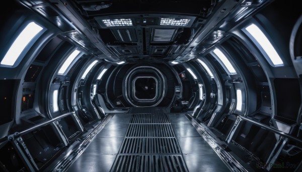 indoors,no humans,scenery,machinery,reflection,science fiction,realistic,cable,space,spacecraft,stairs