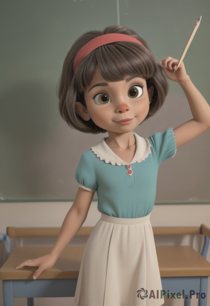 1girl,solo,looking at viewer,smile,short hair,bangs,skirt,brown hair,shirt,holding,brown eyes,jewelry,closed mouth,standing,collarbone,short sleeves,hairband,puffy sleeves,artist name,indoors,dark skin,arm up,dark-skinned female,puffy short sleeves,lips,chair,white skirt,blue shirt,child,desk,freckles,female child,classroom,school desk,pencil,chalkboard,blush,watermark,bob cut,web address,realistic