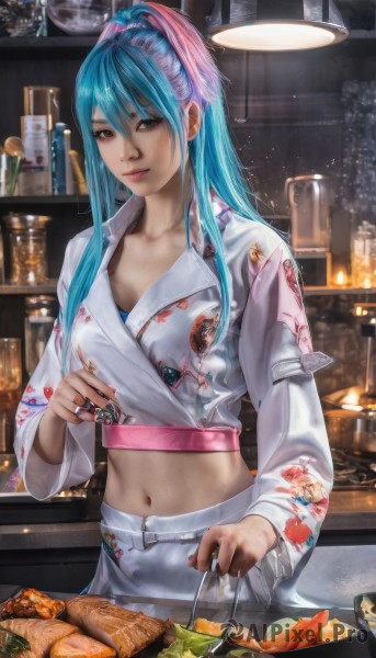 1girl,solo,long hair,breasts,looking at viewer,smile,bangs,skirt,long sleeves,navel,holding,hair between eyes,brown eyes,jewelry,closed mouth,blue hair,collarbone,ponytail,pink hair,multicolored hair,food,midriff,indoors,stomach,two-tone hair,lips,crop top,aqua hair,ring,bottle,high ponytail,plate,alcohol,chopsticks,realistic,nose,cooking,meat,counter,blue eyes,shirt,hair ornament,cleavage,medium breasts,white shirt,scrunchie,animal print,fish,kitchen,vegetable