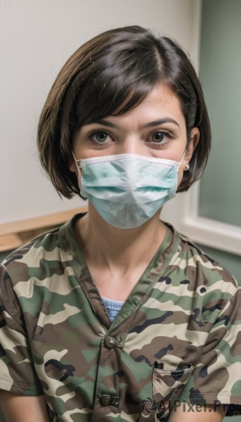 1girl,solo,looking at viewer,short hair,bangs,brown hair,shirt,black hair,brown eyes,jewelry,upper body,short sleeves,earrings,indoors,blurry,uniform,black eyes,grey eyes,military,military uniform,mask,blurry background,swept bangs,bob cut,realistic,mouth mask,camouflage,chalkboard,surgical mask,camouflage jacket,striped,striped shirt,green shirt