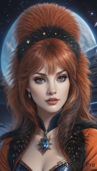 1girl,solo,long hair,breasts,looking at viewer,bangs,brown hair,hair ornament,cleavage,brown eyes,jewelry,medium breasts,upper body,earrings,parted lips,sky,choker,artist name,signature,necklace,star (symbol),orange hair,lips,fur trim,eyelashes,makeup,night,watermark,moon,feathers,gem,portrait,star (sky),full moon,starry sky,freckles,realistic,nose,red lips,lipstick,night sky