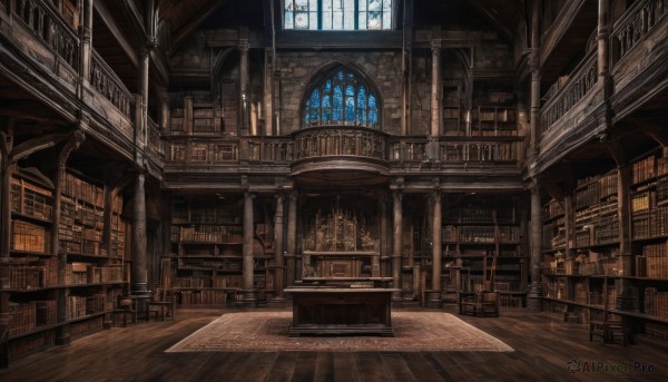 indoors,book,no humans,window,chair,sunlight,scenery,light rays,wooden floor,stairs,bookshelf,candle,architecture,library,stained glass,ladder,church,arch,candlestand,chandelier,day,table,fantasy,carpet