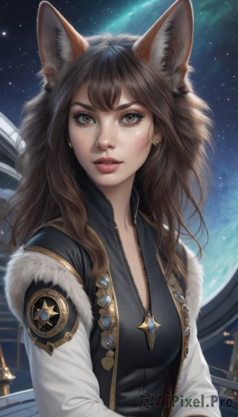 1girl,solo,long hair,breasts,looking at viewer,bangs,brown hair,long sleeves,animal ears,brown eyes,jewelry,medium breasts,jacket,upper body,earrings,parted lips,open clothes,sky,necklace,lips,fur trim,fox ears,eyelashes,night,star (sky),night sky,extra ears,zipper,starry sky,freckles,realistic,nose,unzipped,space,planet,shirt,artist name,signature,star (symbol),vest,open jacket,animal ear fluff,black shirt,makeup,emblem,badge