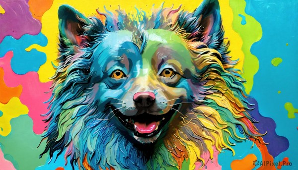 HQ,solo,looking at viewer,open mouth,brown eyes,yellow eyes,teeth,tongue,tongue out,no humans,animal,fangs,cat,portrait,colored sclera,animal focus,multicolored background,whiskers,colorful,simple background,yellow background,dog,wolf