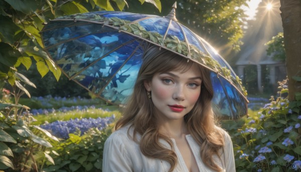 1girl,solo,long hair,breasts,looking at viewer,bangs,blue eyes,brown hair,shirt,cleavage,jewelry,white shirt,upper body,flower,earrings,outdoors,parted lips,sky,day,tree,lips,looking to the side,eyelashes,makeup,swept bangs,leaf,umbrella,wavy hair,sunlight,plant,lipstick,nature,freckles,rain,blue flower,light rays,holding umbrella,realistic,nose,sun,red lips,sunbeam,hydrangea,blush,hat,closed mouth,artist name,portrait,scenery,forest,purple flower,bush,transparent,garden