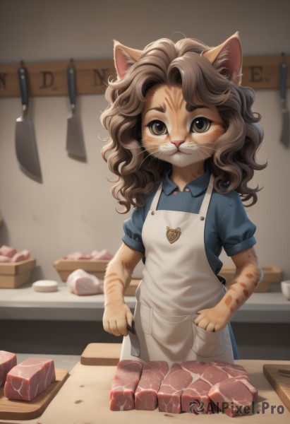 1girl,solo,long hair,looking at viewer,brown hair,shirt,animal ears,brown eyes,closed mouth,standing,short sleeves,cowboy shot,food,puffy sleeves,collared shirt,artist name,indoors,cat ears,blurry,apron,flat chest,puffy short sleeves,:3,depth of field,blurry background,blue dress,blue shirt,knife,cat girl,messy hair,child,white apron,furry,curly hair,furry female,basket,female child,holding knife,body fur,white fur,bread,straight-on,animal nose,meat,whiskers,kitchen,cutting board,dress,holding,tail,medium hair,cat tail,animal ear fluff,buttons,wavy hair,wing collar,pocket,tongs