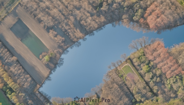 outdoors,sky,day,cloud,tree,blue sky,no humans,leaf,traditional media,grass,plant,nature,scenery,forest,ruins,pillar,landscape,moss,water,dutch angle,reflection,overgrown,reflective water