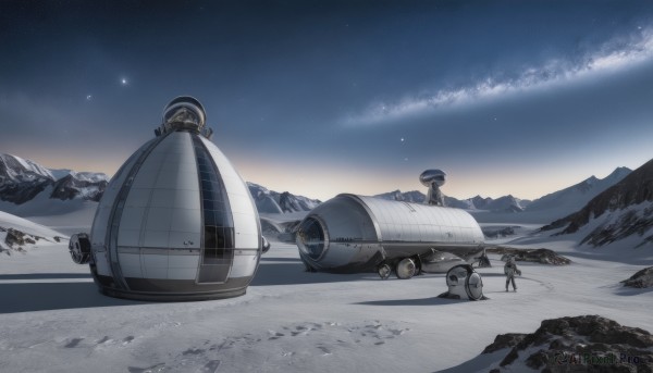 1girl,hat,outdoors,sky,cloud,military,night,star (sky),night sky,scenery,snow,starry sky,mountain,aircraft,airplane,vehicle focus,mountainous horizon,ambiguous gender,desert,footprints,1boy,tree,landscape,spacecraft,very wide shot