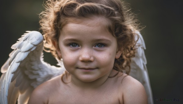 1girl,solo,looking at viewer,short hair,blue eyes,blonde hair,simple background,brown hair,closed mouth,upper body,nude,wings,mole,lips,grey eyes,messy hair,portrait,feathered wings,freckles,curly hair,angel wings,realistic,white wings,angel,smile,brown eyes,feathers,black background