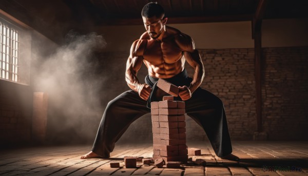 solo,short hair,black hair,1boy,standing,full body,male focus,barefoot,pants,indoors,window,muscular,facial hair,scar,bandages,black pants,abs,pectorals,muscular male,beard,smoke,topless male,fighting stance,goatee,manly,belt,shadow,mustache,wall,brick wall