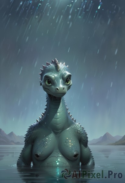 1girl,solo,breasts,looking at viewer,smile,medium breasts,closed mouth,nipples,green eyes,upper body,nude,outdoors,horns,water,wet,no humans,colored skin,monster girl,breasts apart,partially submerged,reflection,rain,scales,green skin,alien,kaijuu,sky,watermark,mountain,realistic,giant