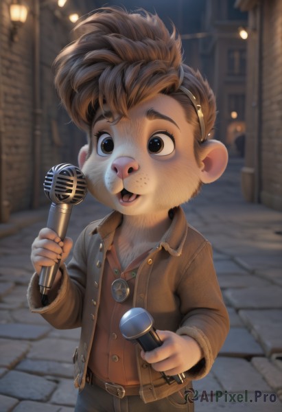 solo,open mouth,brown hair,shirt,long sleeves,1boy,holding,brown eyes,jewelry,standing,jacket,male focus,hairband,outdoors,open clothes,teeth,belt,pants,necklace,blurry,night,blurry background,child,microphone,furry,freckles,brown jacket,furry male,male child,holding microphone,animal ears,artist name,vest,open jacket,buttons,building,red shirt,badge,spotlight,buck teeth