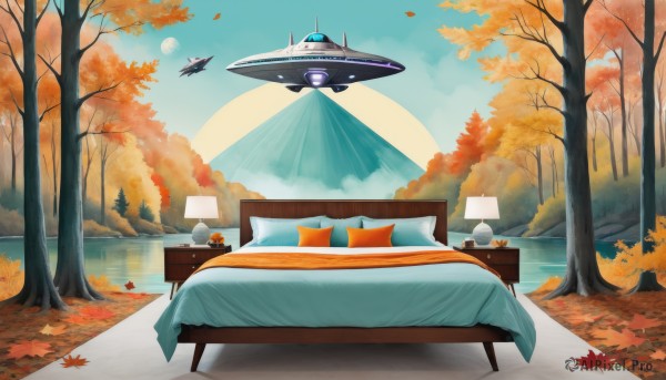 outdoors,sky,day,cloud,water,tree,blue sky,pillow,no humans,bed,leaf,moon,table,nature,scenery,forest,science fiction,mountain,aircraft,sun,airplane,lamp,autumn leaves,maple leaf,autumn,lake,bench,computer,landscape,spacecraft,ufo