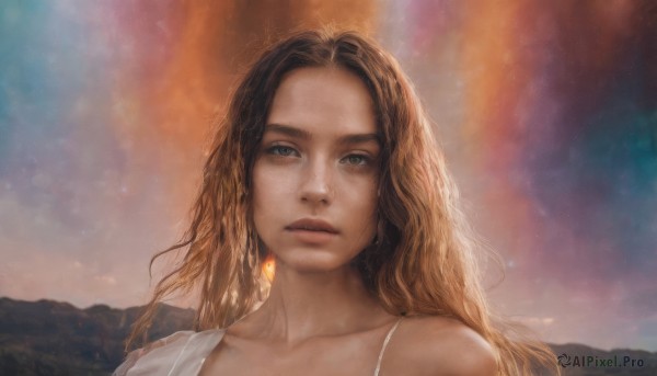 1girl,solo,long hair,looking at viewer,blonde hair,brown hair,jewelry,closed mouth,green eyes,collarbone,upper body,earrings,outdoors,sky,lips,wavy hair,portrait,forehead,freckles,mountain,realistic,nose,dress,bare shoulders,brown eyes,parted lips,white dress,parted bangs