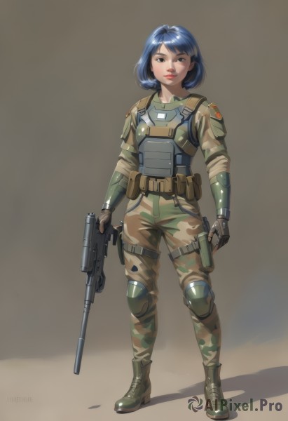 1girl,solo,looking at viewer,short hair,bangs,gloves,holding,brown eyes,blue hair,standing,jacket,full body,weapon,boots,belt,pants,fingerless gloves,holding weapon,armor,uniform,lips,gun,military,military uniform,shadow,holding gun,rifle,handgun,brown background,pouch,realistic,assault rifle,holster,knee pads,trigger discipline,camouflage,elbow pads,load bearing vest,bulletproof vest,camouflage pants,smile,blue eyes,black eyes,science fiction,tactical clothes,combat boots,body armor