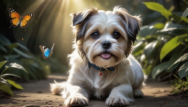 HQ,solo,looking at viewer,open mouth,blue eyes,full body,outdoors,day,tongue,tongue out,blurry,collar,no humans,depth of field,blurry background,animal,leaf,sunlight,grass,bug,plant,butterfly,nature,dog,light rays,realistic,animal focus,blue butterfly,brown eyes,animal collar