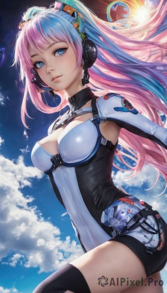 1girl,solo,long hair,breasts,looking at viewer,bangs,blue eyes,thighhighs,cleavage,twintails,medium breasts,very long hair,blue hair,pink hair,multicolored hair,cowboy shot,outdoors,parted lips,sky,shorts,day,shiny,artist name,black thighhighs,cloud,from side,two-tone hair,leotard,blue sky,lips,clothing cutout,eyelashes,bodysuit,covered navel,floating hair,headgear,headphones,leg up,cleavage cutout,skin tight,lens flare,headset,nose,sun,smile,hair ornament,long sleeves,closed mouth,standing,ponytail,short shorts,gradient hair,turtleneck,star (sky),backlighting