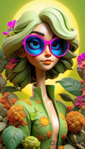 1girl,solo,breasts,looking at viewer,smile,short hair,blue eyes,blonde hair,shirt,hair ornament,closed mouth,upper body,flower,multicolored hair,small breasts,green hair,open clothes,glasses,artist name,hair flower,lips,eyelashes,open shirt,no bra,makeup,leaf,moon,sunglasses,lipstick,eyeshadow,nose,green shirt,print shirt,tinted eyewear,hawaiian shirt,plant,pink flower