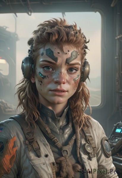 1girl,solo,long hair,looking at viewer,blue eyes,brown hair,green eyes,jacket,upper body,parted lips,artist name,signature,lips,bodysuit,headphones,messy hair,headset,freckles,science fiction,realistic,nose,pilot suit,cable,cyborg,dirty,dirty face,blonde hair,open clothes,teeth,open jacket,facial mark,feathers,bandaid,forehead,genderswap (mtf),bandaid on face,facepaint,cyberpunk,earpiece