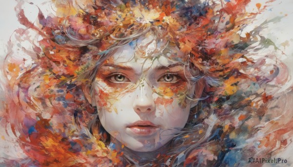 1girl,solo,long hair,looking at viewer,white background,closed mouth,parted lips,black eyes,lips,grey eyes,eyelashes,floating hair,leaf,portrait,autumn leaves,simple background,brown hair,green eyes,orange hair,facial mark,realistic,nose,autumn