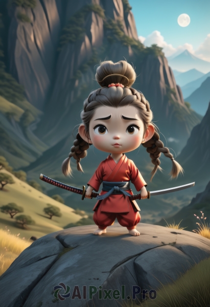 1girl,solo,long hair,looking at viewer,brown hair,long sleeves,holding,brown eyes,closed mouth,standing,full body,weapon,braid,outdoors,japanese clothes,sky,barefoot,day,sword,cloud,kimono,chibi,holding weapon,blurry,twin braids,sash,night,holding sword,moon,katana,grass,sheath,child,full moon,rock,mountain,female child,red kimono,topknot,mountainous horizon,blush,hair ornament,twintails,jewelry,earrings,pants,artist name,lips,blurry background,frown,night sky,dual wielding,fighting stance,unsheathing,holding sheath