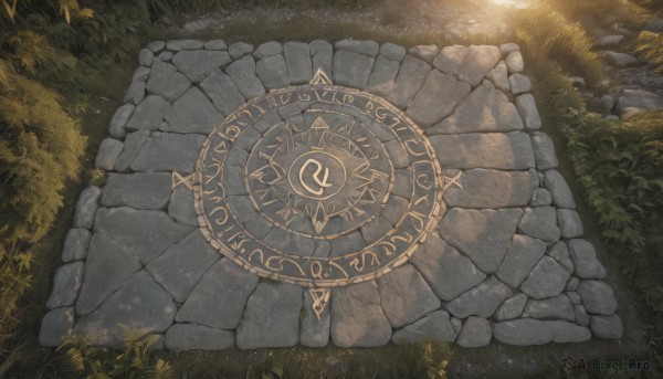 solo,flower,outdoors,water,no humans,from above,sunlight,grass,plant,scenery,rock,path,english text,magic circle,stone,stone floor,runes