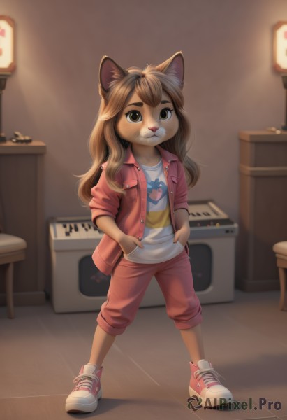 1girl,solo,long hair,looking at viewer,smile,bangs,brown hair,shirt,long sleeves,animal ears,brown eyes,closed mouth,standing,jacket,full body,white shirt,sidelocks,open clothes,shoes,pants,artist name,indoors,cat ears,signature,blurry,flat chest,open jacket,animal ear fluff,:3,buttons,blurry background,watermark,chair,table,happy,cat girl,sneakers,instrument,child,red jacket,furry,sleeves rolled up,legs apart,pocket,hands in pockets,furry female,pink footwear,female child,pink jacket,body fur,print shirt,television,straight-on,red pants,animal nose,two-tone fur,pink pants,heart,striped,thick eyebrows,freckles,raccoon ears,raccoon girl