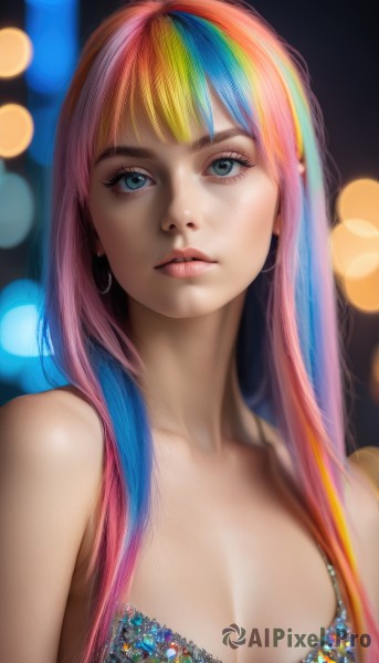 1girl,solo,long hair,breasts,looking at viewer,bangs,blue eyes,blonde hair,large breasts,cleavage,bare shoulders,jewelry,medium breasts,underwear,blue hair,collarbone,upper body,pink hair,multicolored hair,earrings,parted lips,bra,blurry,two-tone hair,lips,streaked hair,head tilt,eyelashes,makeup,depth of field,blurry background,hoop earrings,realistic,nose,bokeh,rainbow hair,artist name,watermark,lingerie,web address,eyeshadow,mascara