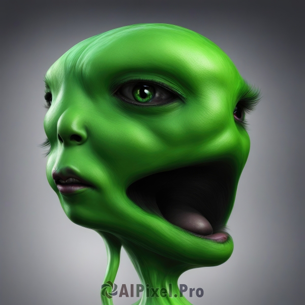 1girl,solo,open mouth,simple background,green eyes,parted lips,teeth,grey background,lips,gradient,gradient background,no humans,colored skin,watermark,portrait,realistic,nose,green skin,green theme,alien,what,1boy,male focus,tongue,signature,tongue out,eyelashes,profile,close-up,bald