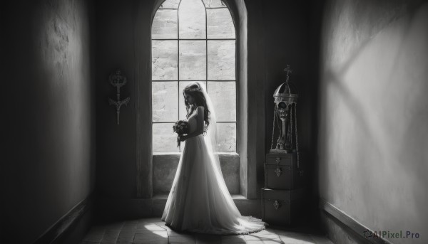 1girl,solo,long hair,long sleeves,dress,holding,jewelry,standing,monochrome,full body,greyscale,indoors,blurry,from side,book,window,bird,cross,veil,skull,long dress,tiles,candle,tile floor,cage,church,birdcage,flower,white dress,shadow,bouquet,wedding dress,door,dark,key,bride,open door,doorway