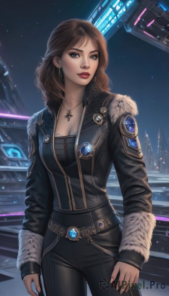 1girl,solo,long hair,breasts,looking at viewer,blue eyes,brown hair,long sleeves,cleavage,jewelry,medium breasts,standing,jacket,cowboy shot,earrings,sky,belt,pants,necklace,star (symbol),lips,fur trim,makeup,night,black pants,lipstick,star (sky),night sky,pendant,science fiction,realistic,nose,red lips,leather,parted lips,black jacket,bodysuit,starry sky