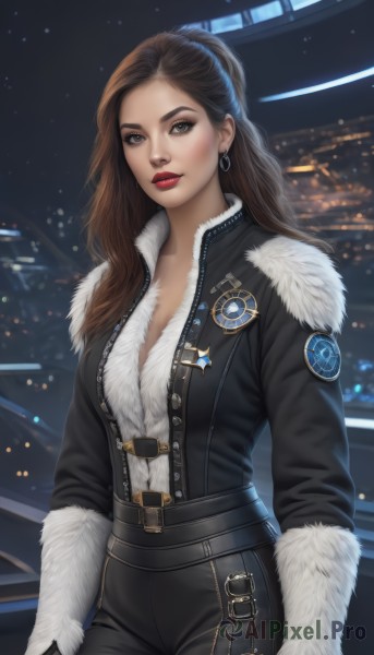 1girl,solo,long hair,breasts,looking at viewer,brown hair,gloves,long sleeves,cleavage,brown eyes,jewelry,medium breasts,jacket,cowboy shot,earrings,open clothes,sky,belt,pants,lips,coat,fur trim,makeup,night,black pants,lipstick,night sky,red lips,cityscape,leather,badge,black jacket,eyeshadow,zipper,realistic,nose,emblem