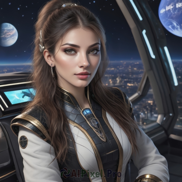 1girl,solo,long hair,breasts,looking at viewer,smile,brown hair,hair ornament,brown eyes,jewelry,medium breasts,sitting,upper body,ponytail,earrings,sky,lips,window,bodysuit,makeup,night,moon,star (sky),freckles,science fiction,realistic,nose,space,planet,earth (planet),spacecraft,cockpit,artist name,blurry,alien