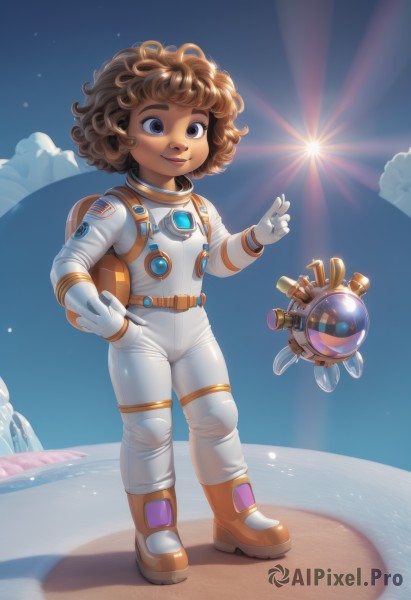 1girl,solo,smile,short hair,blue eyes,brown hair,gloves,jewelry,standing,full body,earrings,boots,sky,cloud,white gloves,dark skin,dark-skinned female,blue sky,helmet,robot,star (sky),floating,headwear removed,science fiction,curly hair,sun,space,planet,earth (planet),spacecraft,spacesuit,afro,space helmet,astronaut,looking at viewer,closed mouth,bodysuit,messy hair