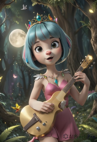 1girl,solo,breasts,looking at viewer,blush,smile,short hair,open mouth,bangs,dress,holding,bare shoulders,brown eyes,jewelry,blue hair,standing,collarbone,pink hair,:d,multicolored hair,cowboy shot,small breasts,outdoors,teeth,sleeveless,necklace,blurry,tree,bare arms,strapless,aqua hair,night,bird,animal,leaf,short dress,moon,grass,bug,tiara,feathers,crown,gem,butterfly,instrument,child,pink dress,nature,strapless dress,full moon,forest,music,guitar,female child,playing instrument,holding instrument,plectrum,fireflies,artist name,sleeveless dress,watermark,moonlight