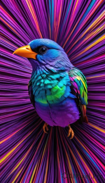 solo,looking at viewer,closed mouth,full body,black eyes,pokemon (creature),no humans,bird,animal,feathers,flying,purple background,emphasis lines,animal focus,colorful,talons,beak,spread wings,parrot,simple background,standing,pigeon