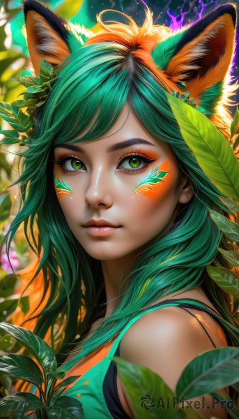 1girl,solo,long hair,looking at viewer,bangs,hair ornament,animal ears,bare shoulders,closed mouth,green eyes,upper body,flower,multicolored hair,green hair,artist name,cat ears,blurry,lips,animal ear fluff,fox ears,eyelashes,makeup,depth of field,leaf,watermark,facial mark,plant,portrait,eyeshadow,realistic,nose,eyeliner,whisker markings,facepaint,mascara,shirt,outdoors,sleeveless,orange hair,from side,swept bangs,thick eyebrows,tank top,freckles