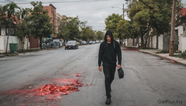 solo,looking at viewer,shirt,black hair,long sleeves,1boy,holding,male focus,outdoors,sky,shoes,day,pants,cloud,hood,bag,black footwear,tree,blood,hoodie,black pants,ground vehicle,building,scenery,motor vehicle,hood up,walking,realistic,car,road,holding bag,power lines,street,blood splatter,truck,standing,jacket,black eyes,black jacket,mask,black hoodie,wide shot,lamppost,utility pole,photo background,sidewalk